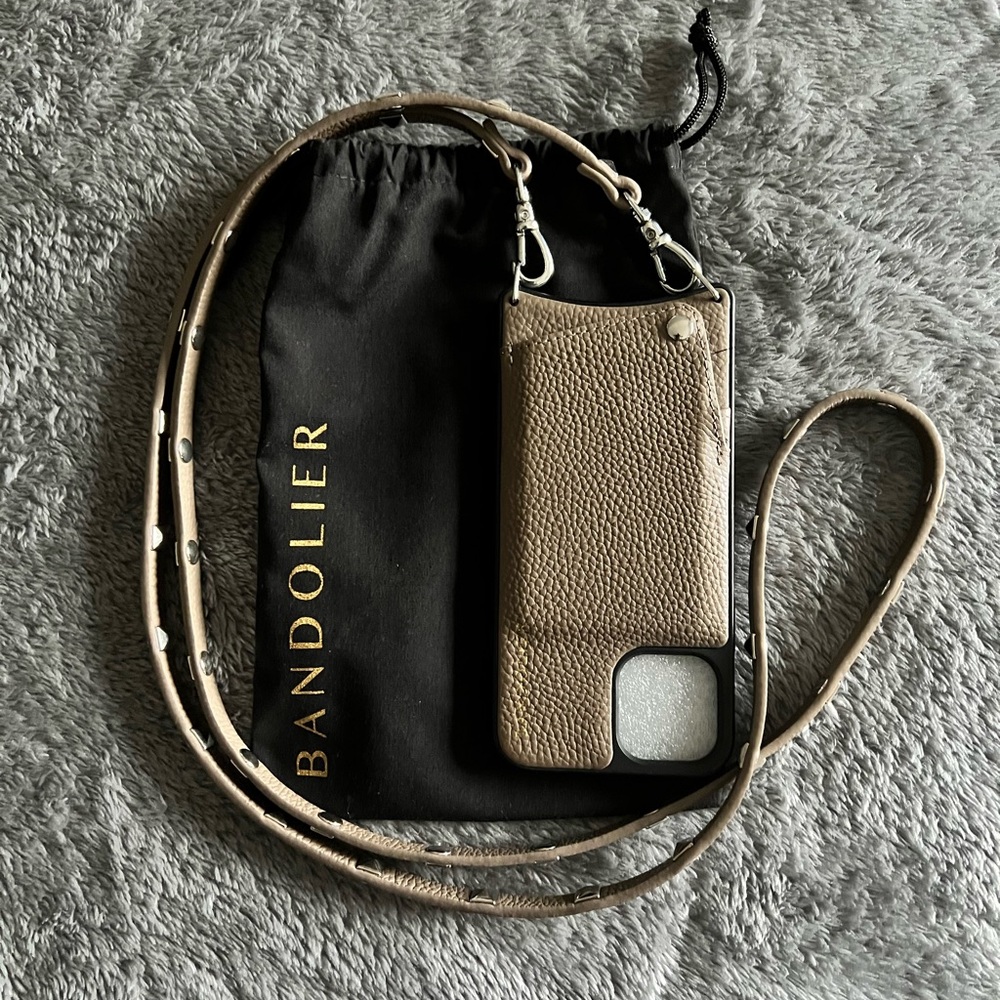 BANDOLIER- leather I phone crossbody case/purse in taupe color (tan/grey).